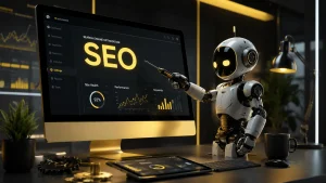 AI SEO Canada robot optimizing search dashboard
