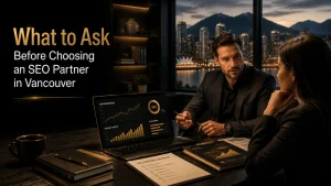 AI-first SEO agency consultation scene for choosing an SEO partner in Vancouver