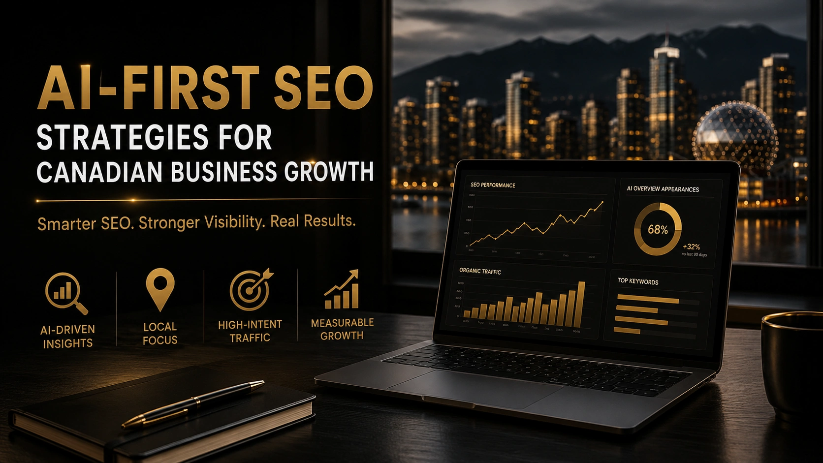 AI-first SEO agency dashboard showing Canadian business growth in a black and gold office setting