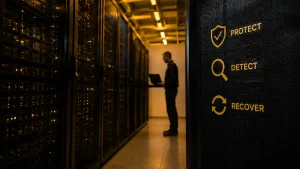 Data center technician monitoring types of cloud security solutions for protection and recovery