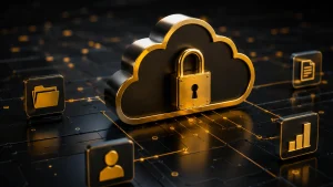 Golden cloud lock showing types of cloud security solutions for secure business data