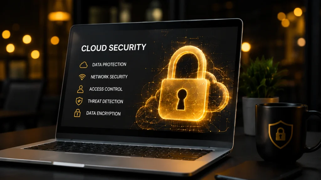Laptop displaying types of cloud security solutions for data protection and secure cloud access