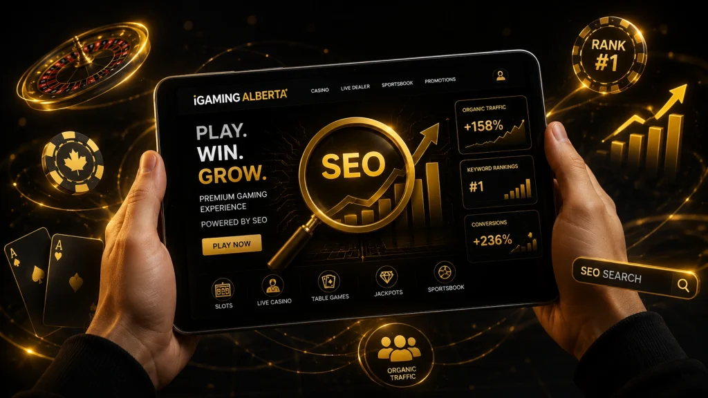 iGaming Alberta tablet showing SEO traffic and rankings