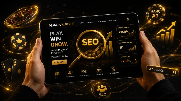 iGaming Alberta tablet showing SEO traffic and rankings