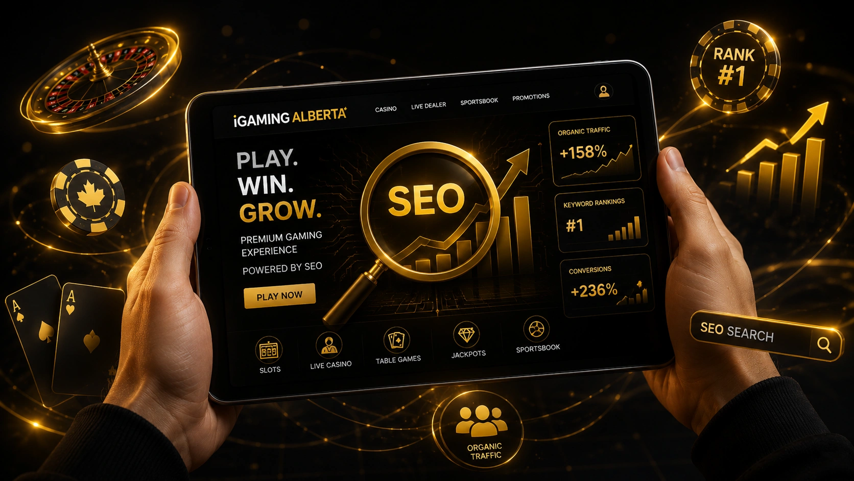iGaming Alberta tablet showing SEO traffic and rankings