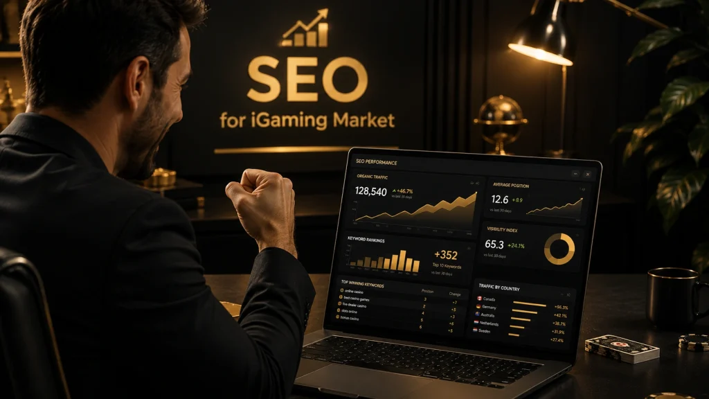 iGaming Ontario SEO success shown on laptop dashboard