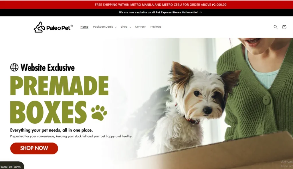 Paleo Pet premade boxes homepage with dog and pet parent