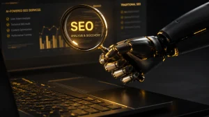 AI SEO services robot analyzing search performance