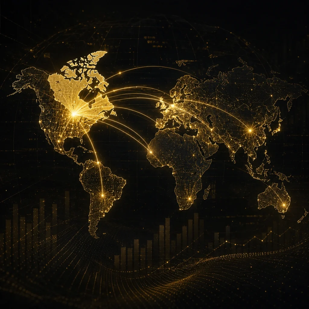 Glowing gold world map on a dark background, with Canada highlighted and connected by illuminated network lines to international markets. Top Premier cloud -AI SEO & iGaming SEO services