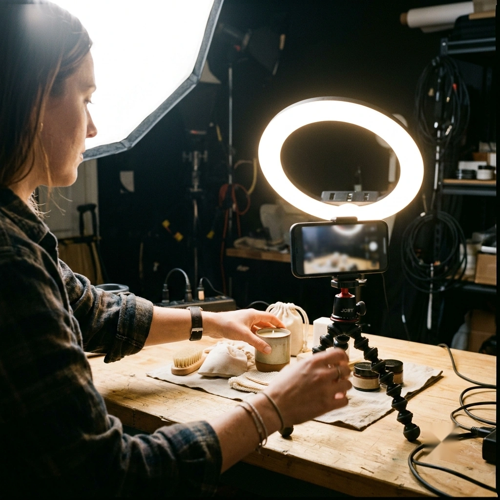 Product content creator filming engaging e-commerce videos for digital marketing campaigns.