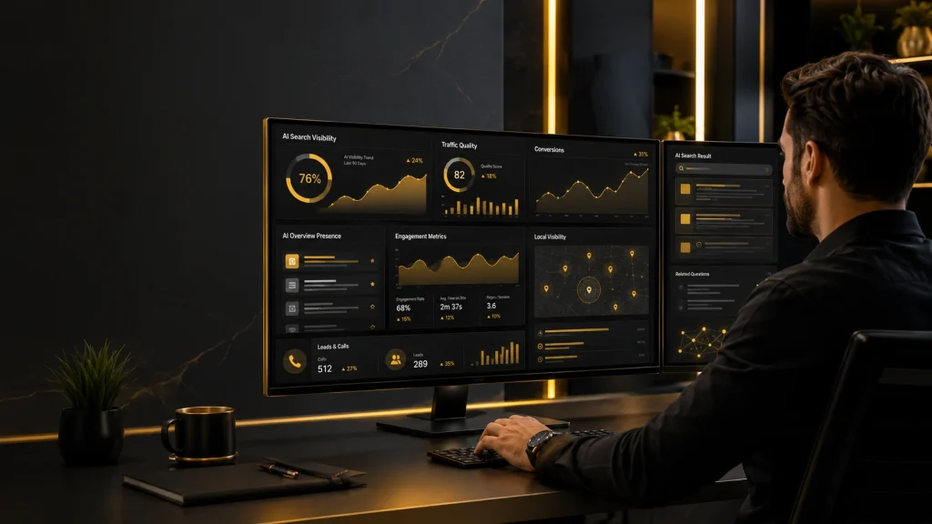 AI SEO agency analyst reviewing visibility, traffic quality, leads, and conversions