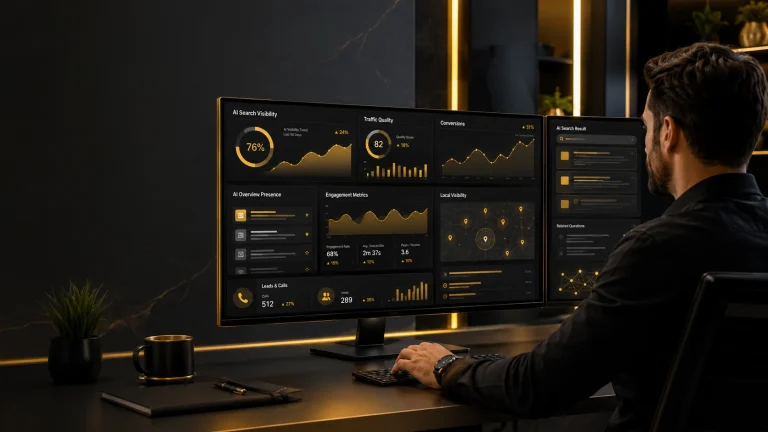 AI SEO agency analyst reviewing visibility, traffic quality, leads, and conversions