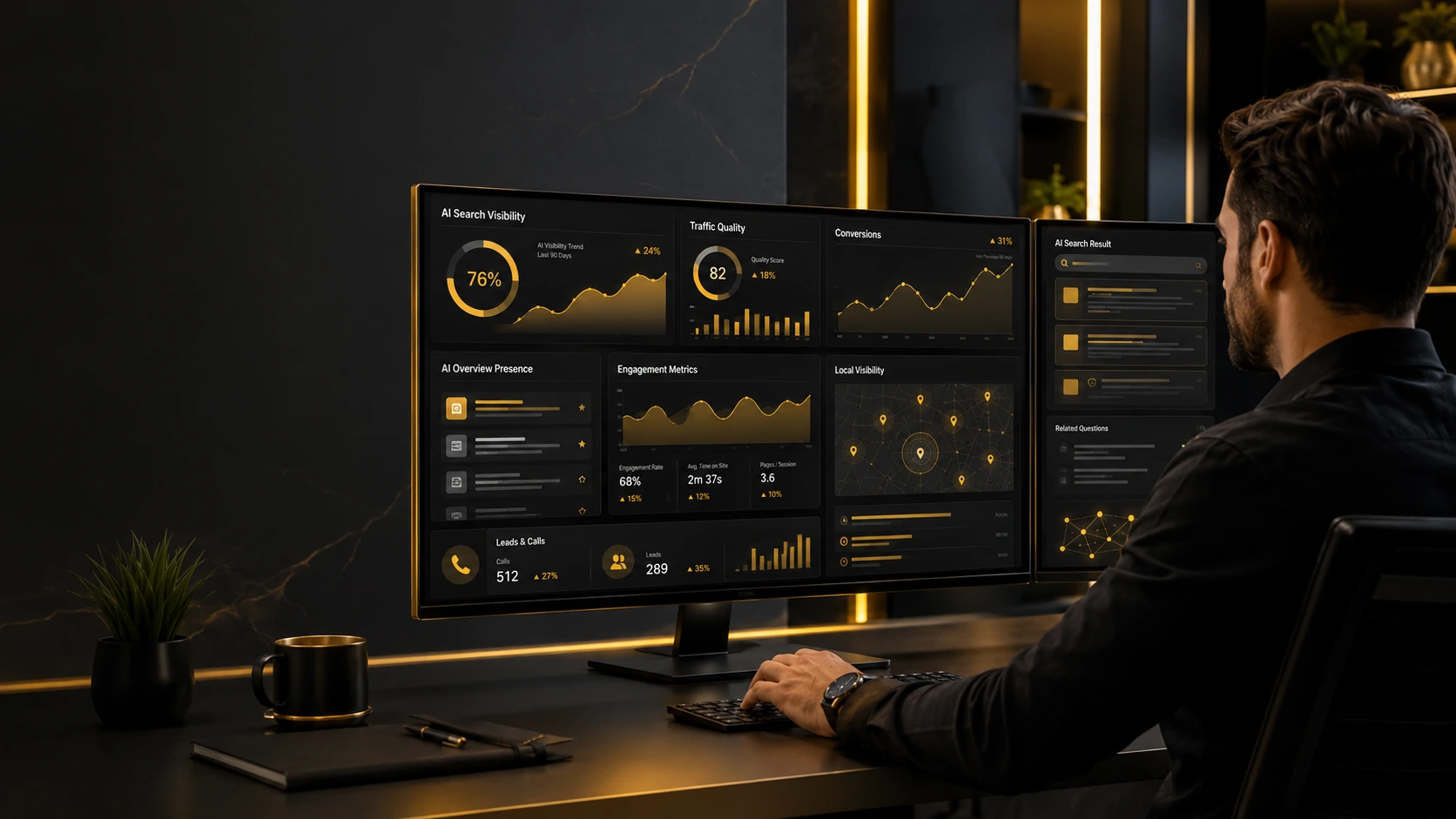 AI SEO agency analyst reviewing visibility, traffic quality, leads, and conversions