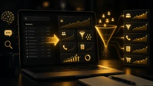 AI SEO agency dashboard showing rankings, engagement, lead funnels, and growth