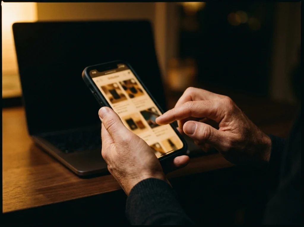 Customer browsing products on a mobile e-commerce store optimized for search and conversions.