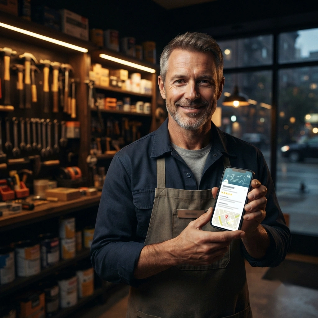 Local shop owner improving Google Business Profile visibility with Local SEO Services from Top Premier Cloud