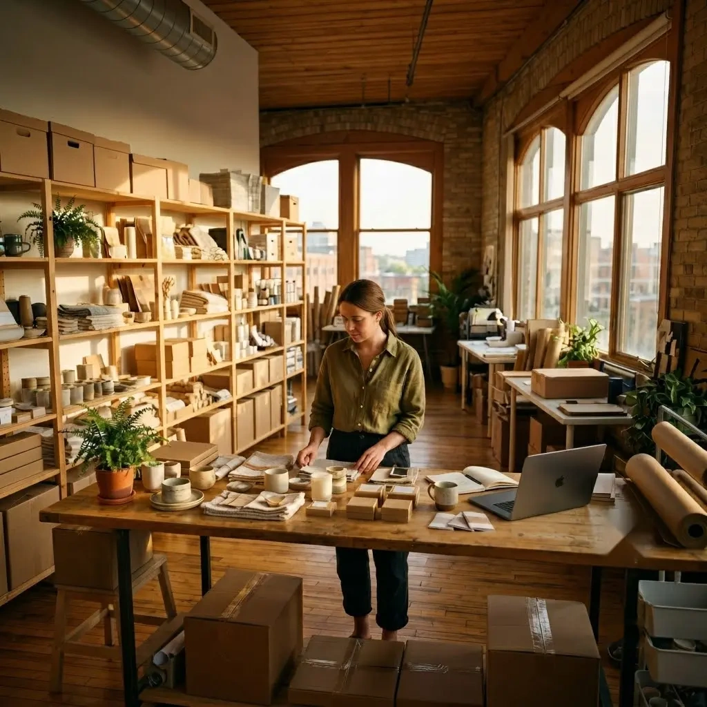 Small business owner managing products and online sales with AI-powered SEO support.