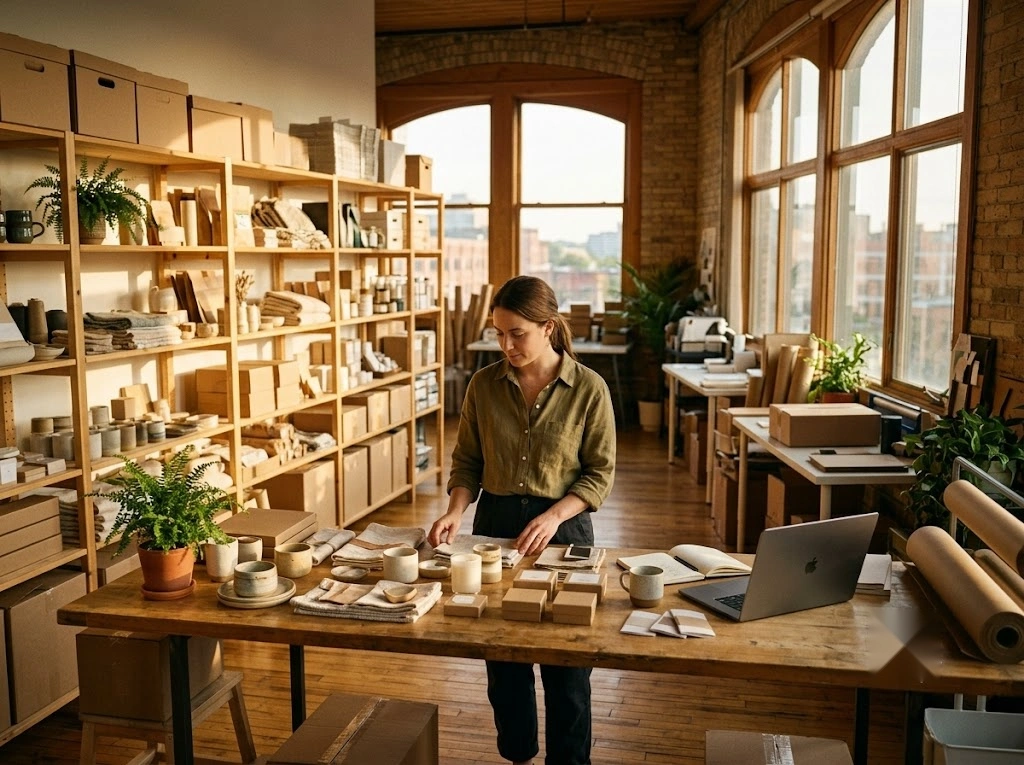 Small business owner managing products and online sales with AI-powered SEO support.
