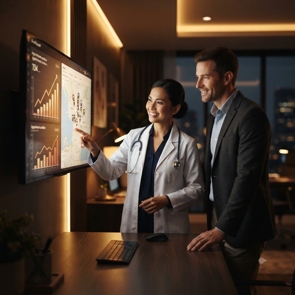 Doctor and SEO consultant reviewing SEO for Healthcare Providers dashboard by Top Premier Cloud