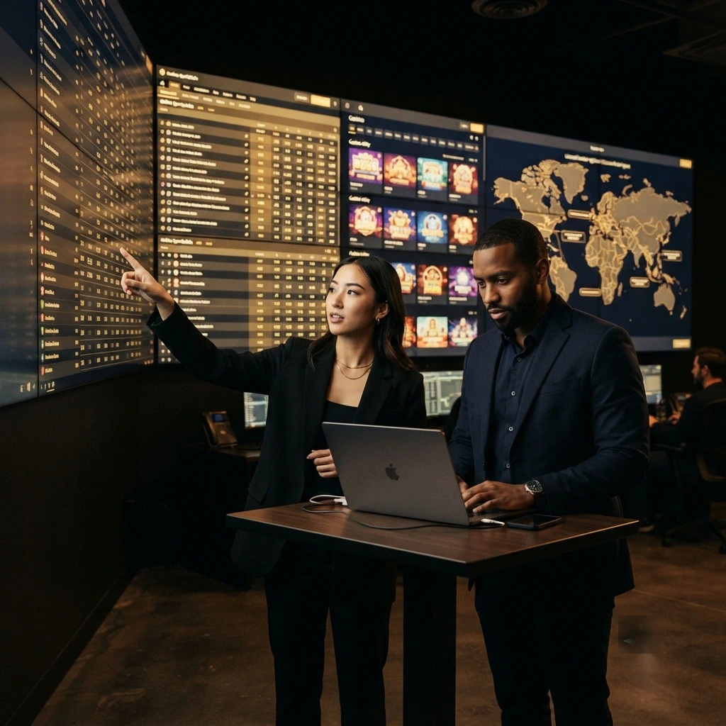 igaming seo services team analyzing casino platform data, keyword trends and global player search performance - Top Premier Cloud