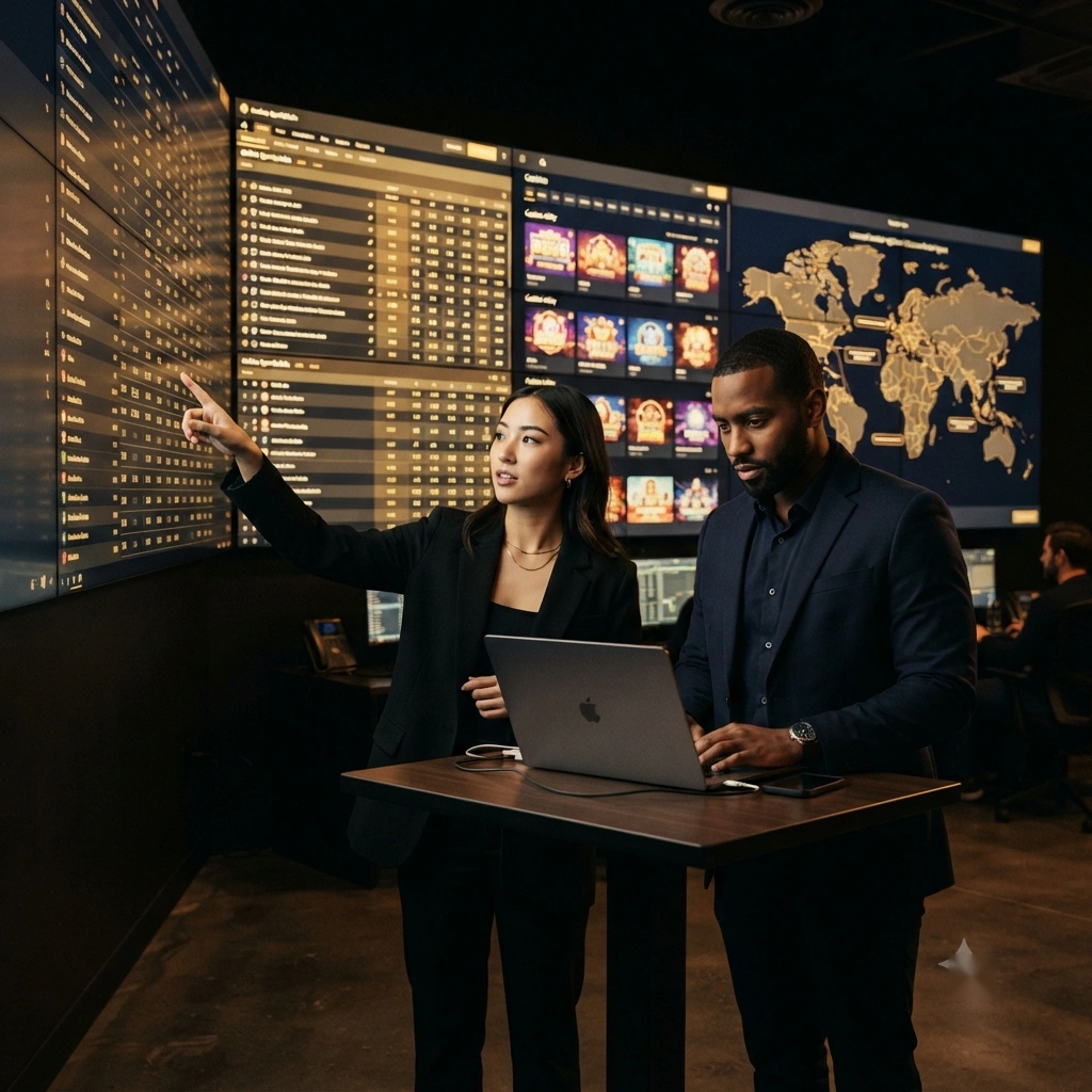 igaming seo services team analyzing casino platform data, keyword trends and global player search performance - Top Premier Cloud
