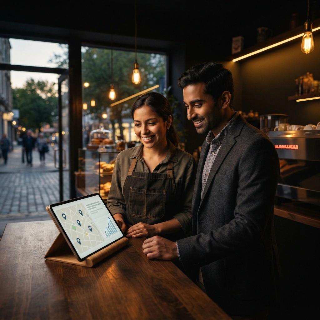 Top Premier Cloud consultant reviewing local SEO for small business growth data with a local cafe owner