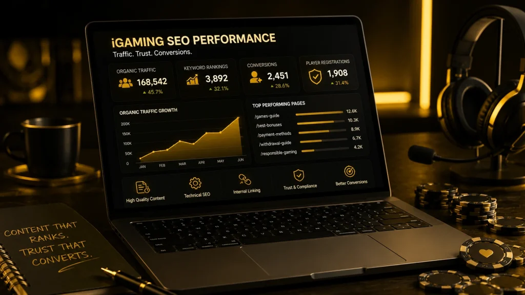 iGaming SEO Services dashboard tracking traffic, rankings, conversions, and player registrations