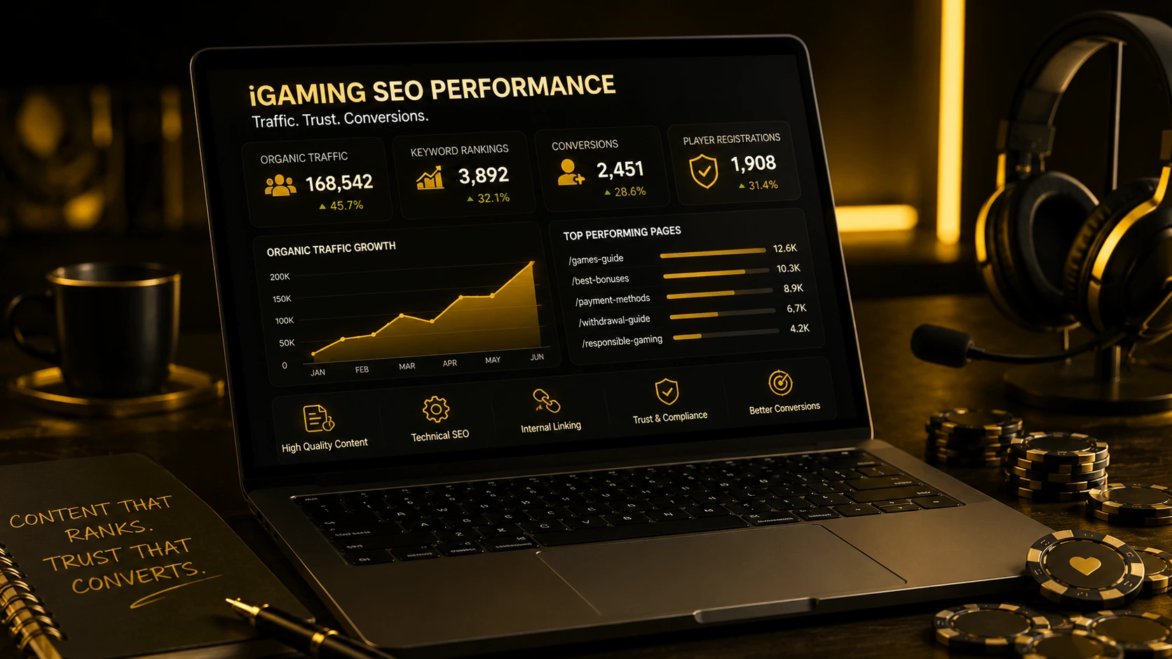 iGaming SEO Services dashboard tracking traffic, rankings, conversions, and player registrations