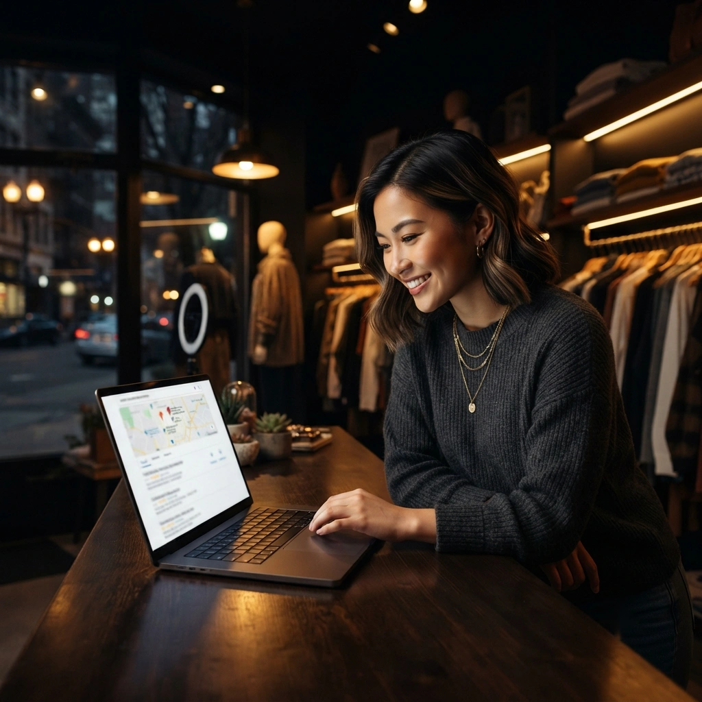Retail business owner using ai seo canada tools for local keyword planning and search visibility