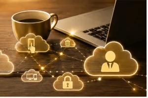 Cloud storage solutions with secure file access and data protection on a business laptop
