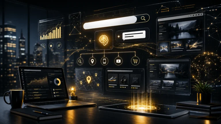 SEO services dashboard showing AI search, analytics, local visibility, and website growth