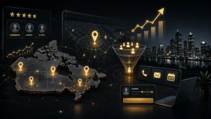 SEO services map showing local visibility, customer leads, reviews, and growth in Canada