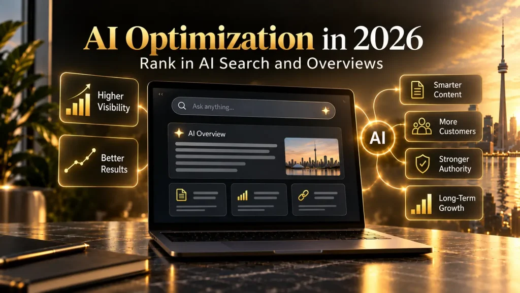 AI optimization in 2026 showing AI search visibility, AI Overview results, stronger authority, better content, and business growth for Canadian companies.