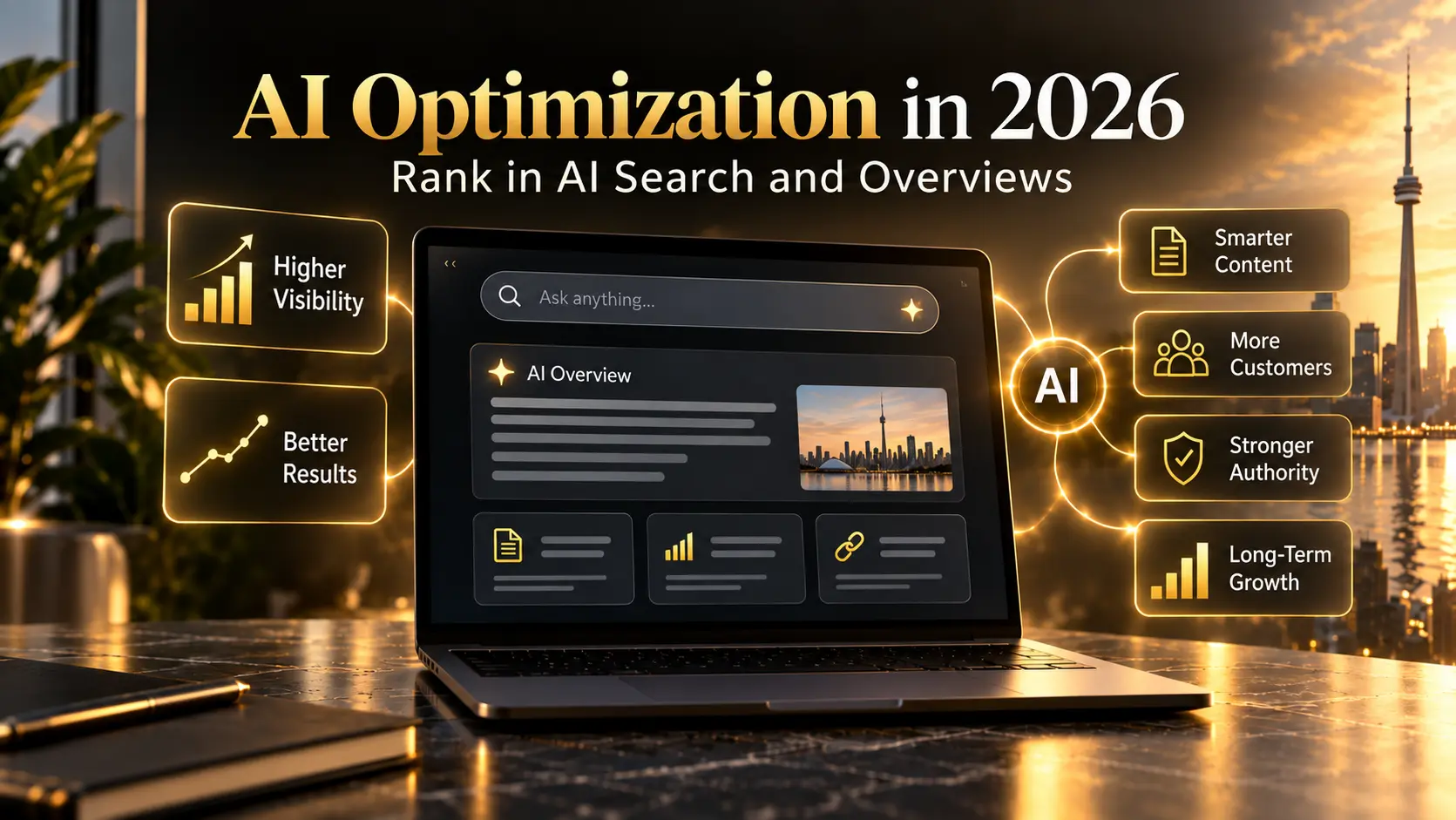 AI optimization in 2026 showing AI search visibility, AI Overview results, stronger authority, better content, and business growth for Canadian companies.