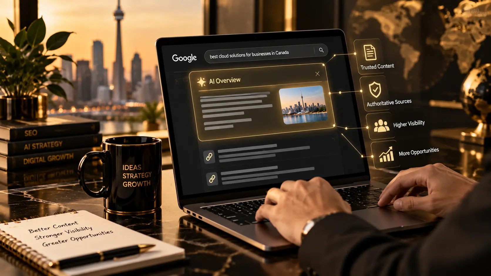 AI optimization for Canadian businesses showing an AI Overview, trusted content, authoritative sources, and improved search visibility.