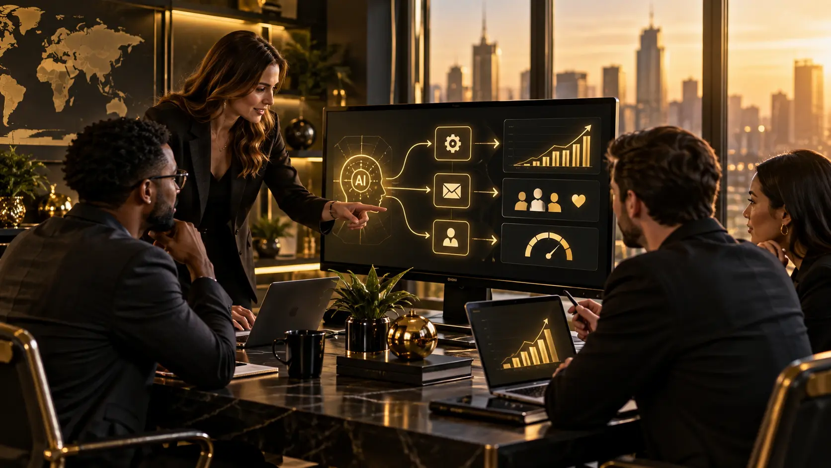 AI process optimization for Canadian businesses showing a team reviewing automation, customer insights, workflow improvements, and performance growth.