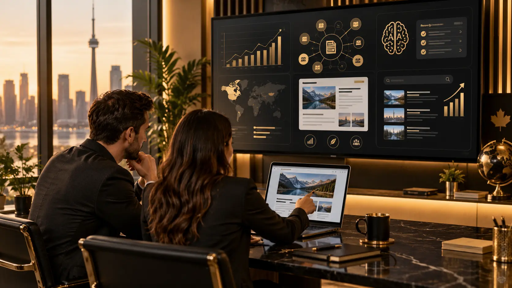 AI optimization strategy for Canadian businesses showing a team reviewing search visibility, content performance, and AI-powered search opportunities. 
