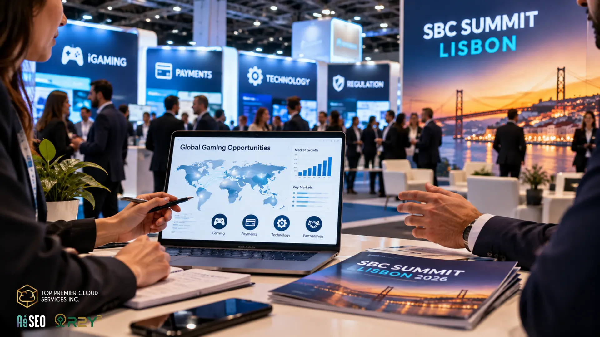 Top Premier Cloud at SBC Summit Lisbon 2026: Connecting with the Future of iGaming 4 Business professionals discussing digital growth opportunities at SBC Summit Lisbon.