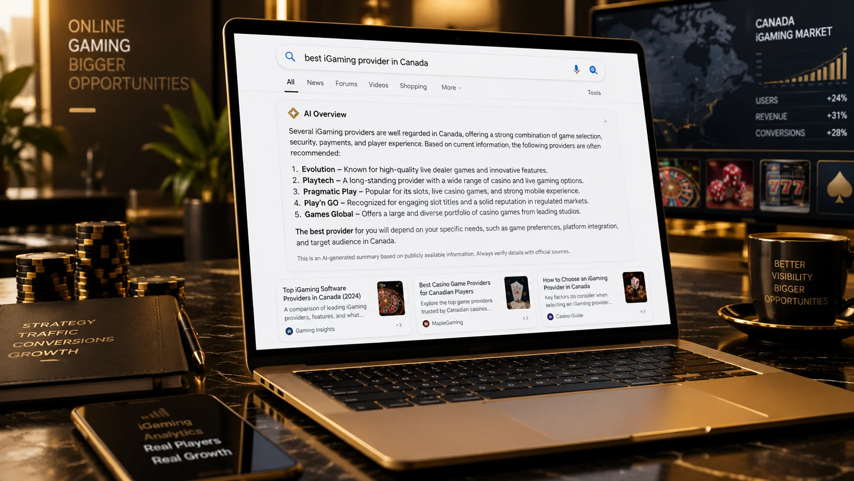 Generative engine optimization shown through an AI search result for iGaming