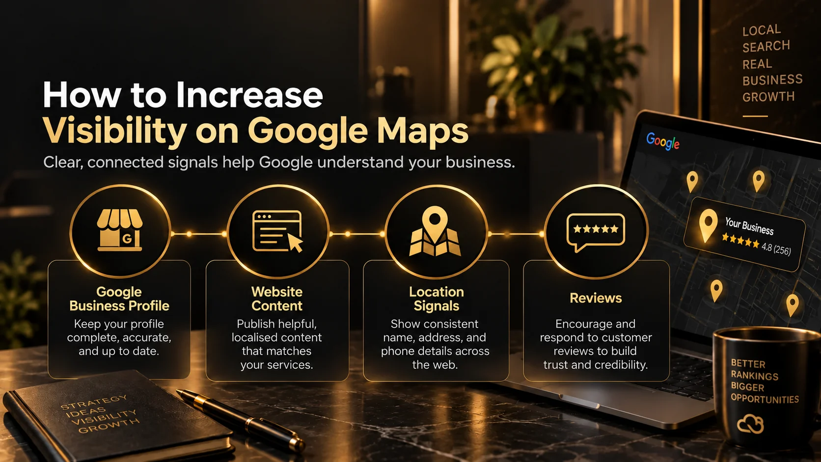 Google Maps Visibility improved through business profiles, website content, NAP, and reviews