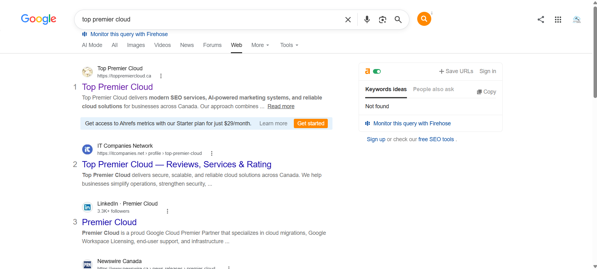 Example of Top Premier Cloud's free local SEO audit using SERP.