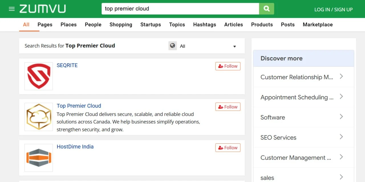 Top Premier Cloud business directory listing showing company information, location, and website details. 