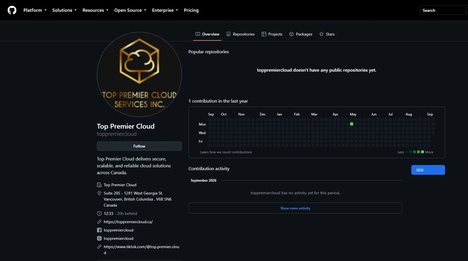 Top Premier Cloud GitHub profile showing company information, website link, social profiles, and contribution activity.