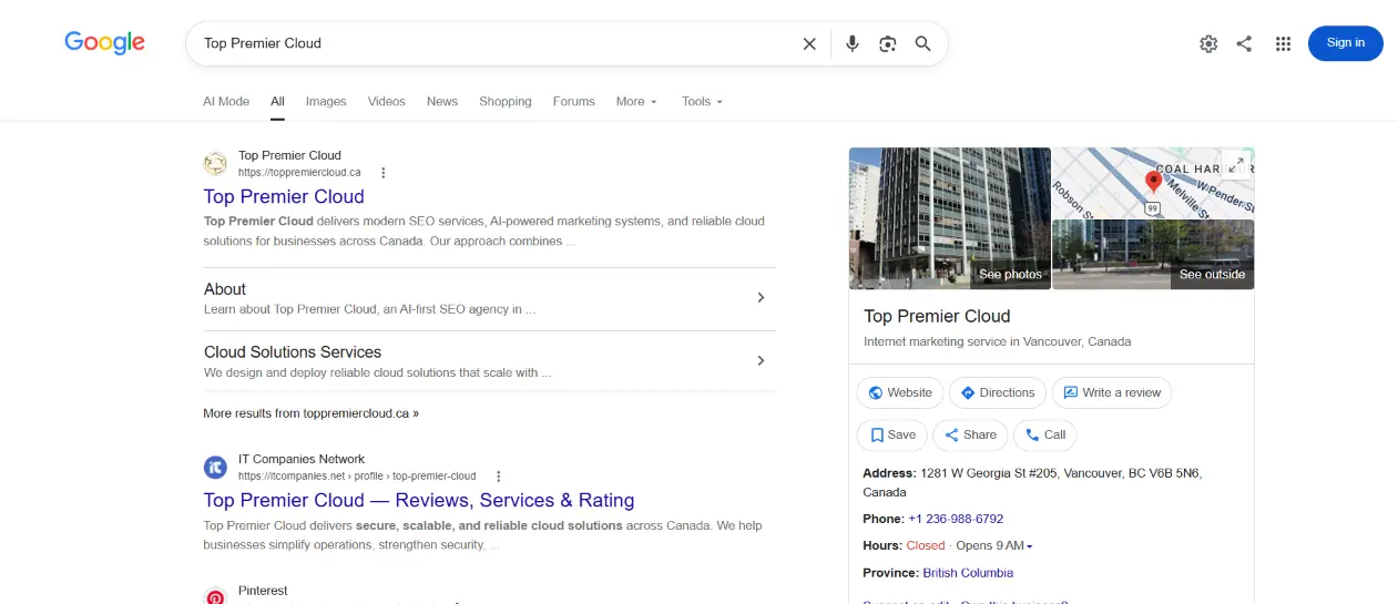 Google Maps Visibility shown through Top Premier Cloud's business profile in search