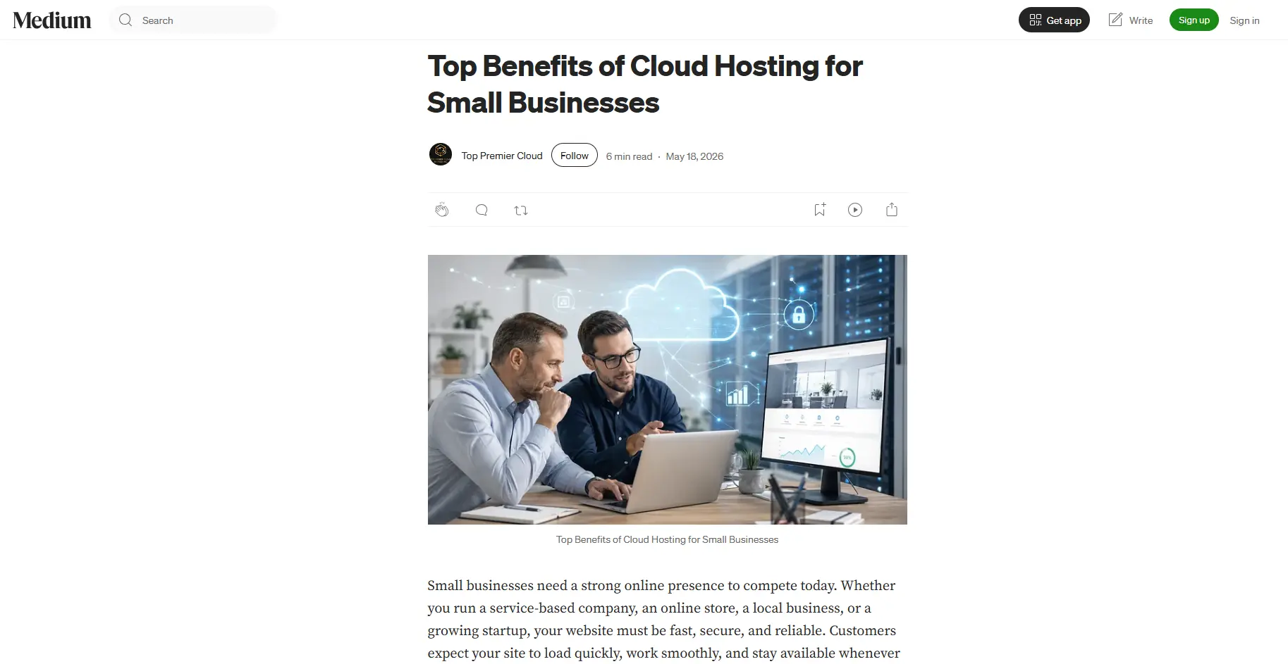 Top Premier Cloud Medium article about cloud hosting for small businesses published as part of a Web 2.0 link-building strategy.