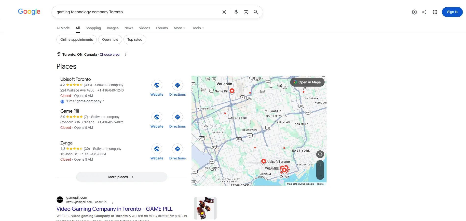 Google Maps Visibility example for gaming technology companies in Toronto search results