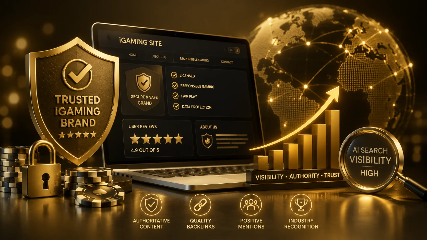 AI Search Optimization for Alberta iGaming: Build Trust & Reach 3 AI search optimization dashboard showing iGaming trust, authority, and SEO signals
