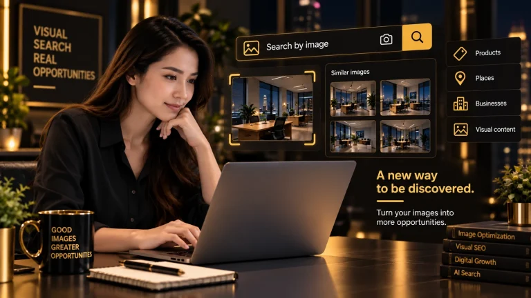 AI image search showing a business professional using visual search tools to discover similar images, products, places, and business content.