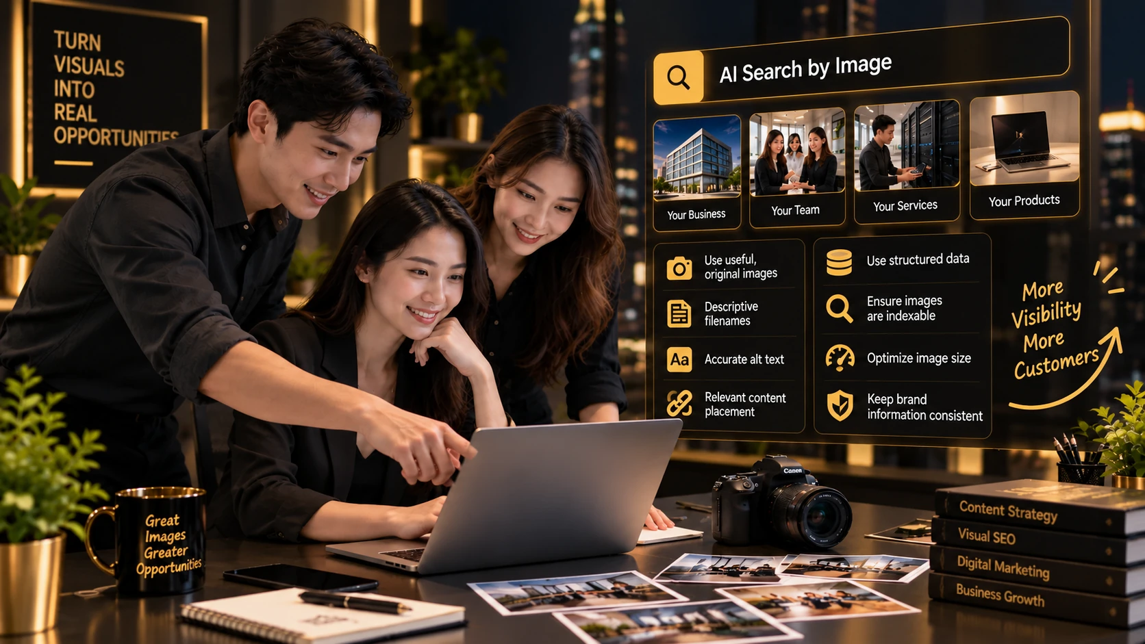 AI image search strategy showing a business team optimizing original images, filenames, alt text, structured data, and visual content for better search visibility.