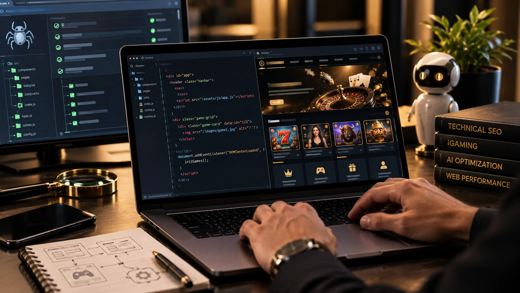 Technical SEO for iGaming websites showing JavaScript testing, AI SEO optimization, crawlability, and website performance analysis.